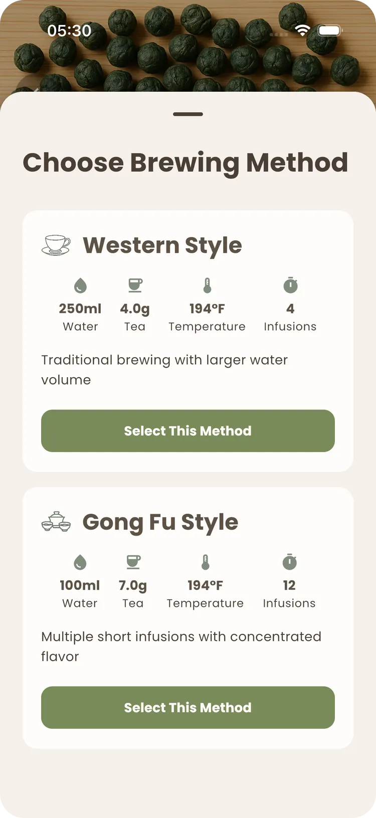 Teafinity brewing-method chooser comparing Western and Gong Fu — water, leaf, temperature and infusion count