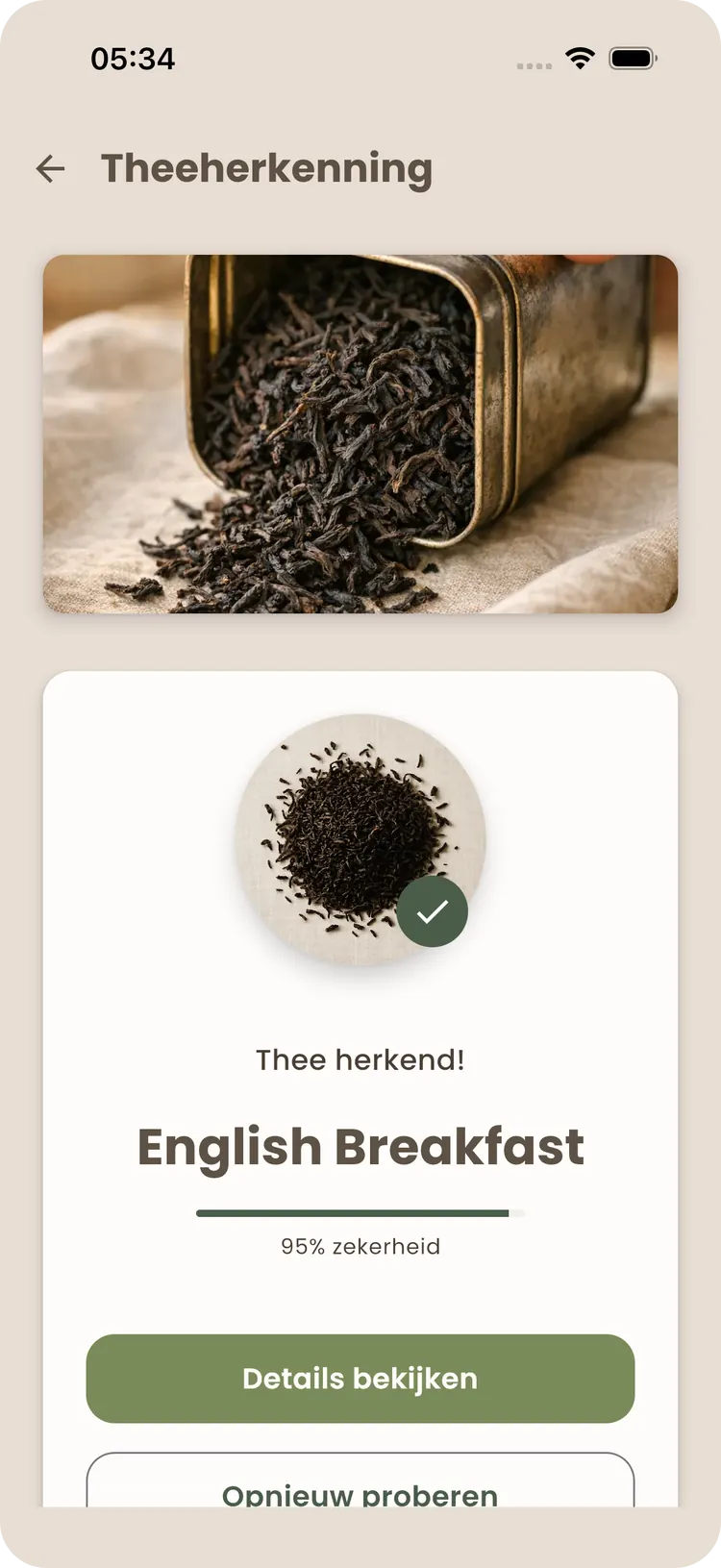 Teafinity-cameraherkenning die een thee identificeert aan de hand van een foto