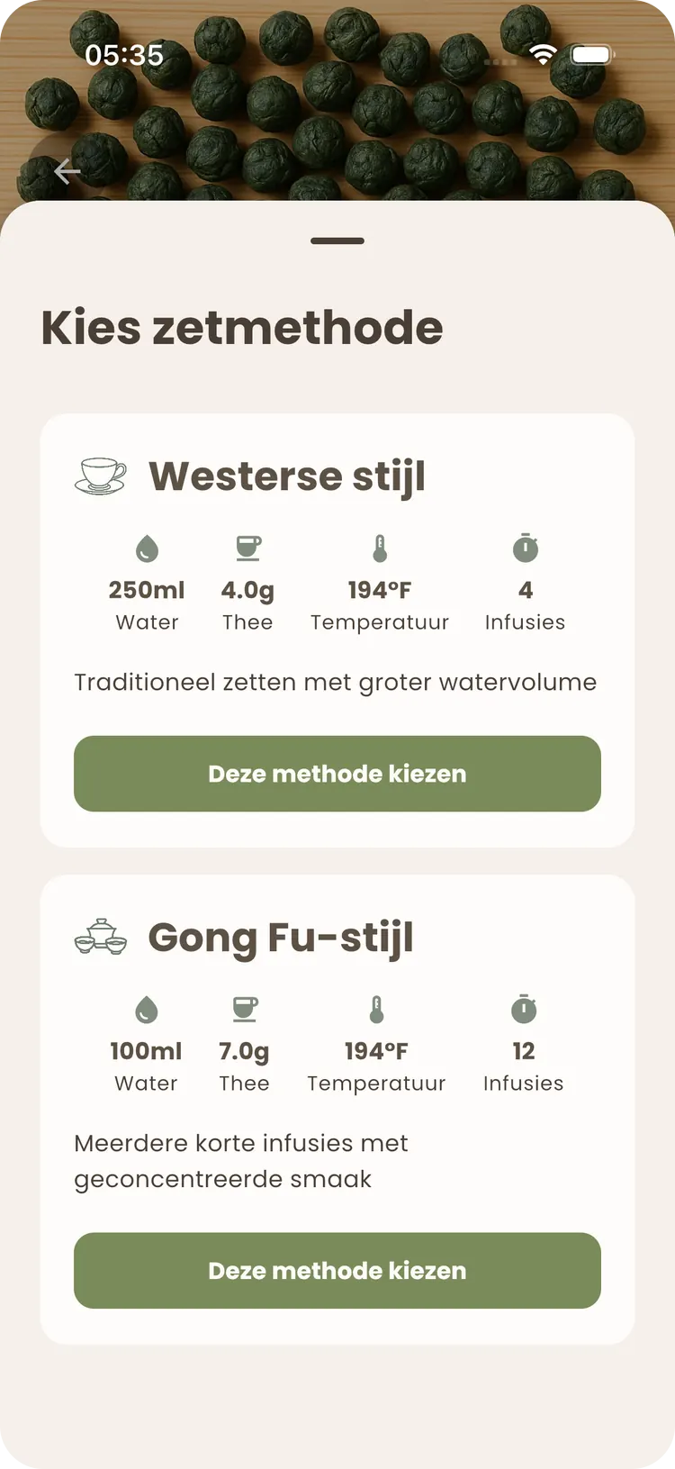 Teafinity-keuzescherm voor zetmethode: westers versus Gong Fu — water, thee, temperatuur en aantal trekbeurten